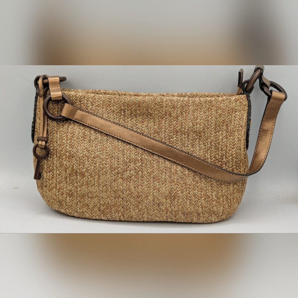 Fossil Brown Woven Metallic Bronze With Leather Accents Crossbody Bag Y2K